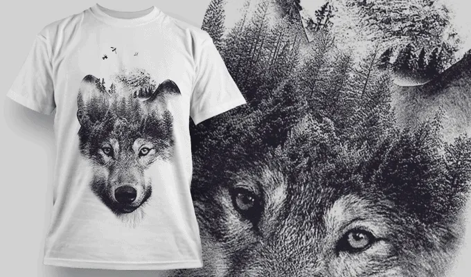Double exposure of a wolf and a mountainside forest